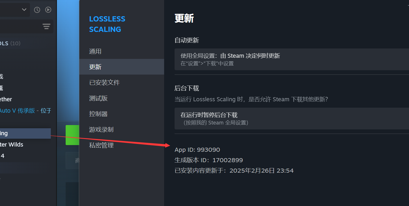 Steam 屬性-更新頁底部顯示 App ID 993090 示意圖